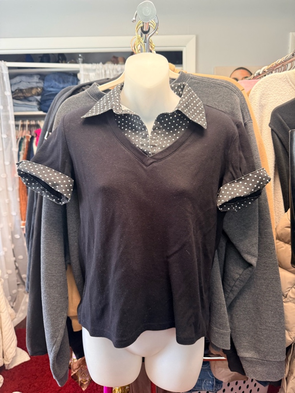 Karen Scott Black V-Neck Sweatshirt with Polka Dot Collar & Cuffs